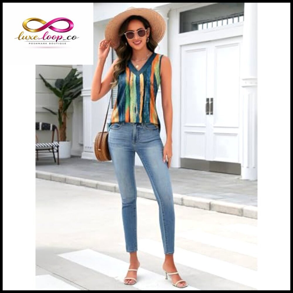 V-Neck Sleeveless Tank Top Loose Fit Blouse Business Casual Summer Tops - Picture 5 of 7